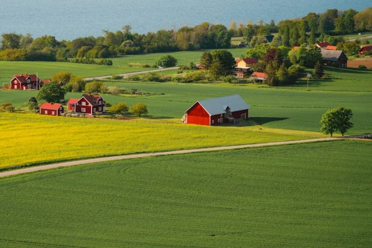 a green field with a red barn and a lake in the background