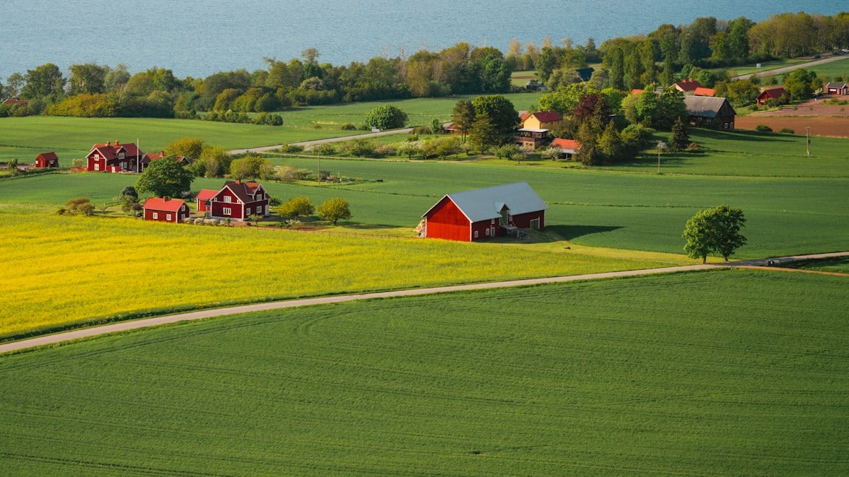 a green field with a red barn and a lake in the background